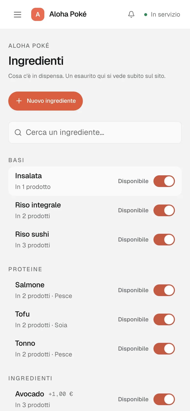 Gli ingredienti sul telefono: ognuno con il suo interruttore di disponibilità