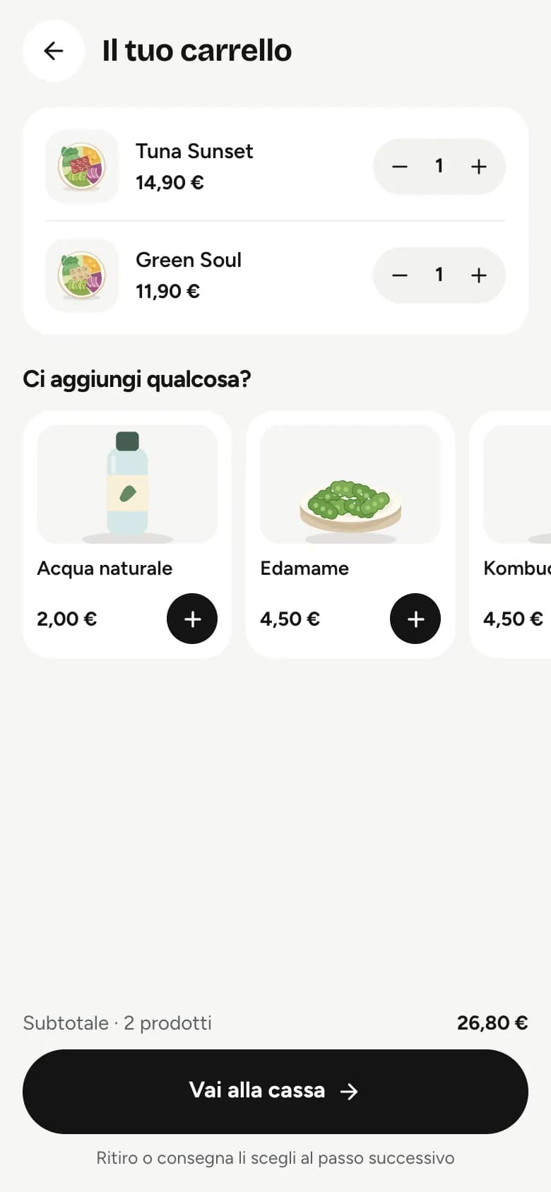 Il carrello del sito ordini di Aloha Poké con due bowl e il totale
